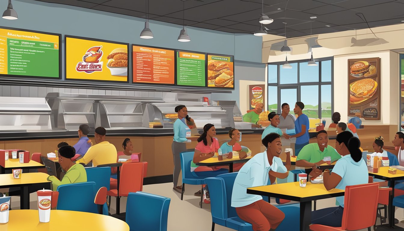 A bustling Church's Texas Chicken restaurant in Jacksonville, with a colorful menu board and customers enjoying their meals