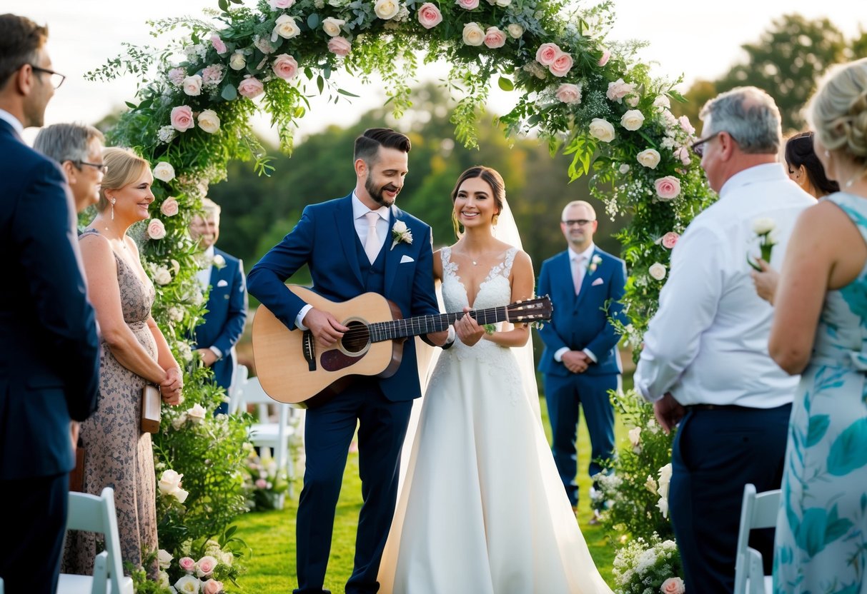 A bride and groom stand beneath a floral arch, surrounded by guests. A musician plays a soft melody on a guitar, setting the scene for a romantic wedding ceremony
