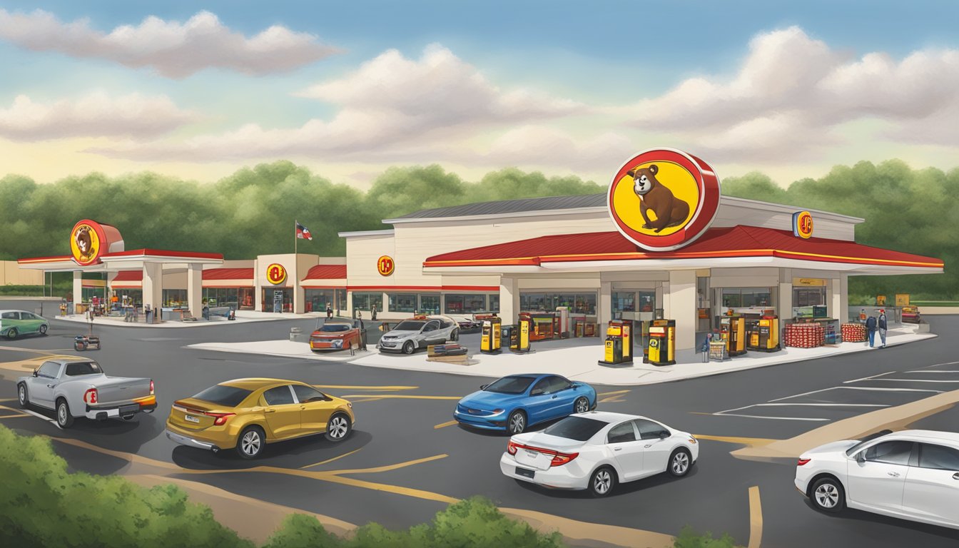 A bustling Buc-ee's gas station in Luling, Texas, with a giant beaver mascot, fuel pumps, and a busy parking lot