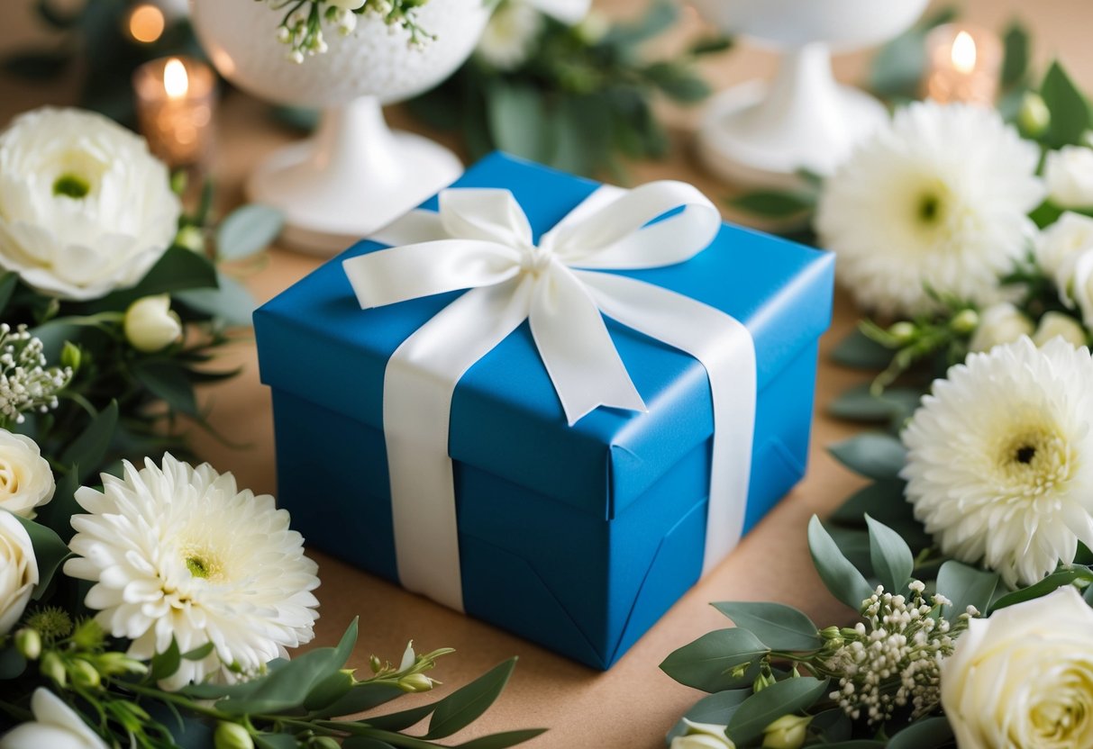 A beautifully wrapped gift box surrounded by elegant wedding decor and flowers
