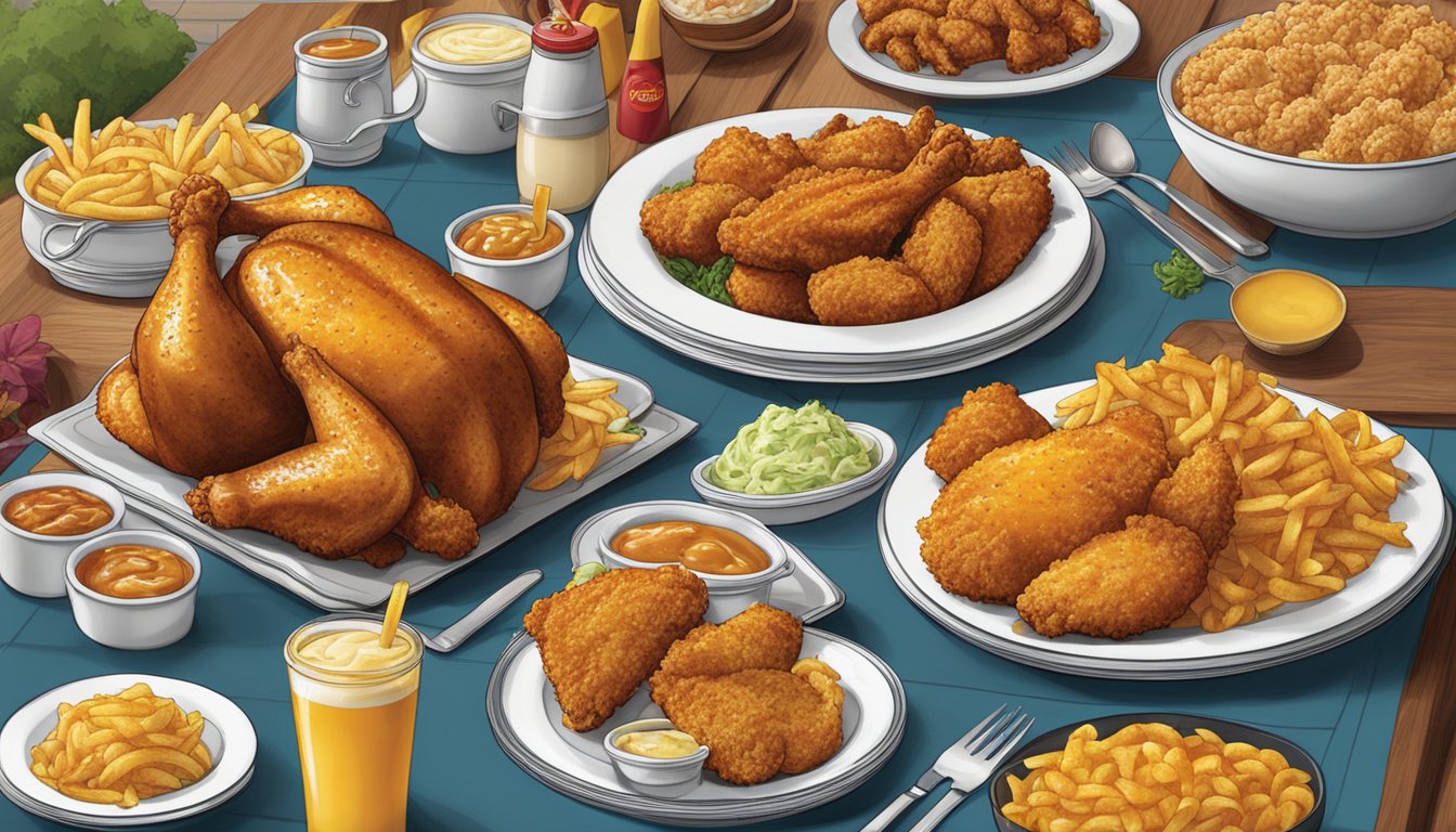 A table set with a spread of Church's Texas Chicken signature dishes