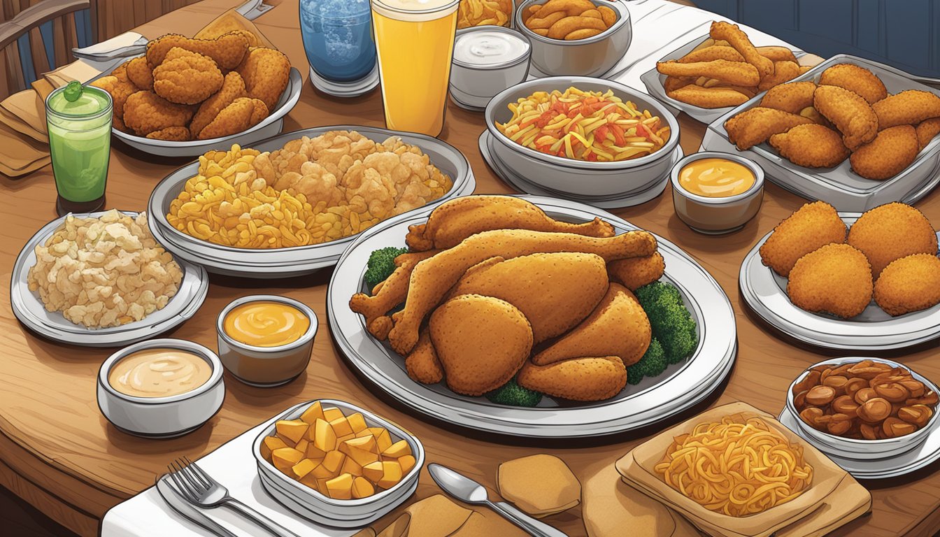 A table set with a variety of sides and add-ons from Church's Texas Chicken menu