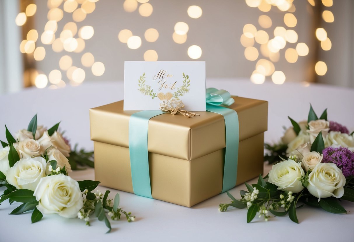 A beautifully wrapped gift box surrounded by elegant wedding decor and flowers, with a thoughtful card placed on top