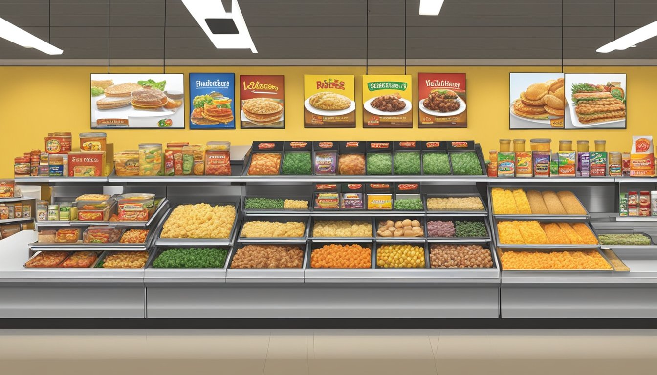 A spread of various food and product offerings displayed on shelves and counters at Buc-ee's Luling