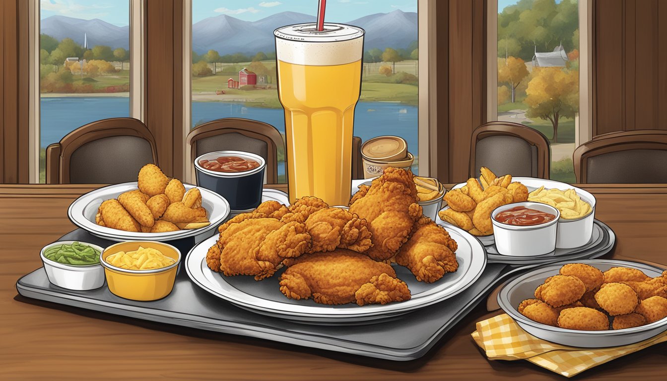 A table set with a variety of fried chicken, biscuits, sides, and drinks, with the Church's Texas Chicken Lawton menu displayed on a stand