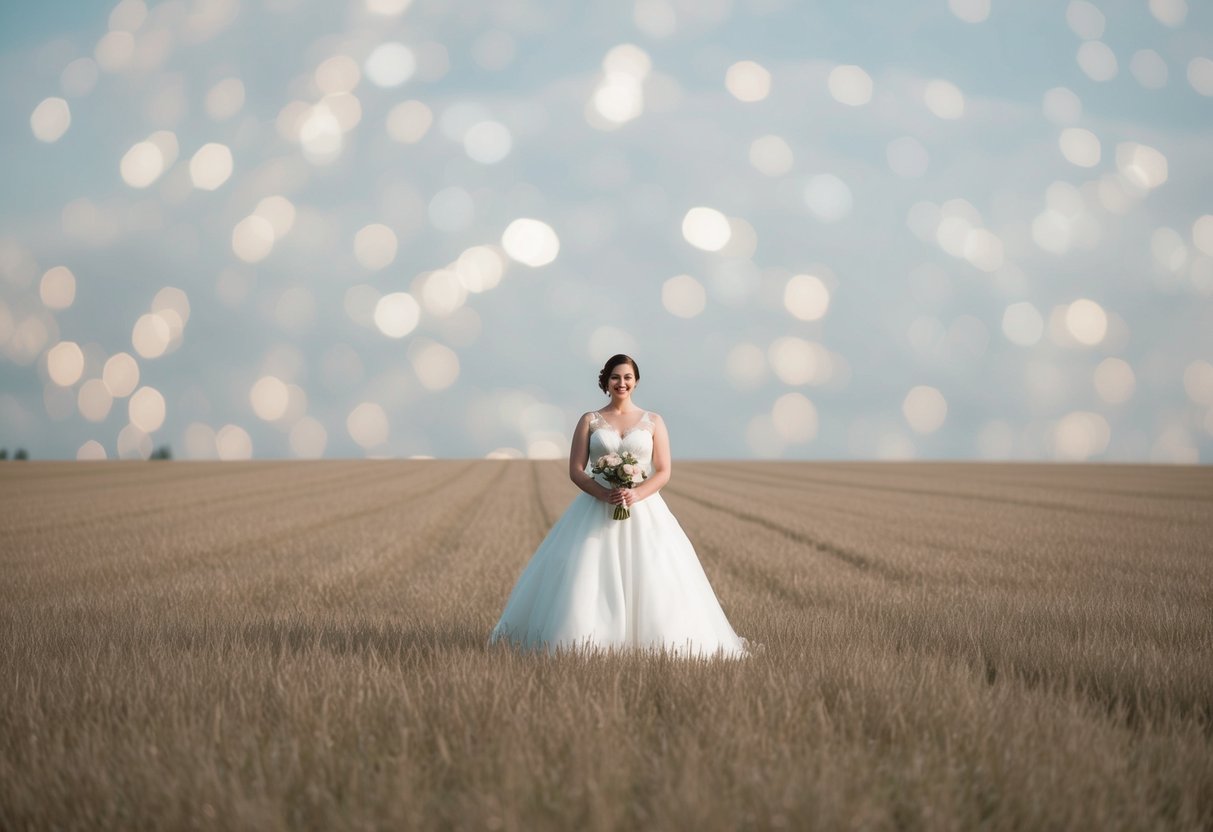 A single bridesmaid standing alone in a vast empty field