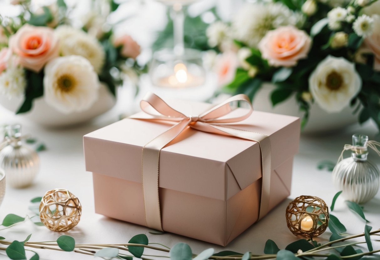 A beautifully wrapped gift box surrounded by elegant wedding decor and flowers
