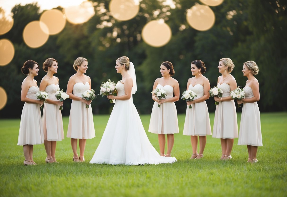 A bride stands surrounded by a small group of bridesmaids, pondering the ideal size for her bridal party