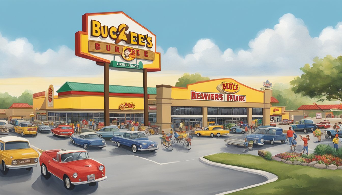 The bustling parking lot of Buc-ee's Luling, with cars coming and going, and people carrying bags of snacks and drinks. The iconic beaver mascot looms large over the scene