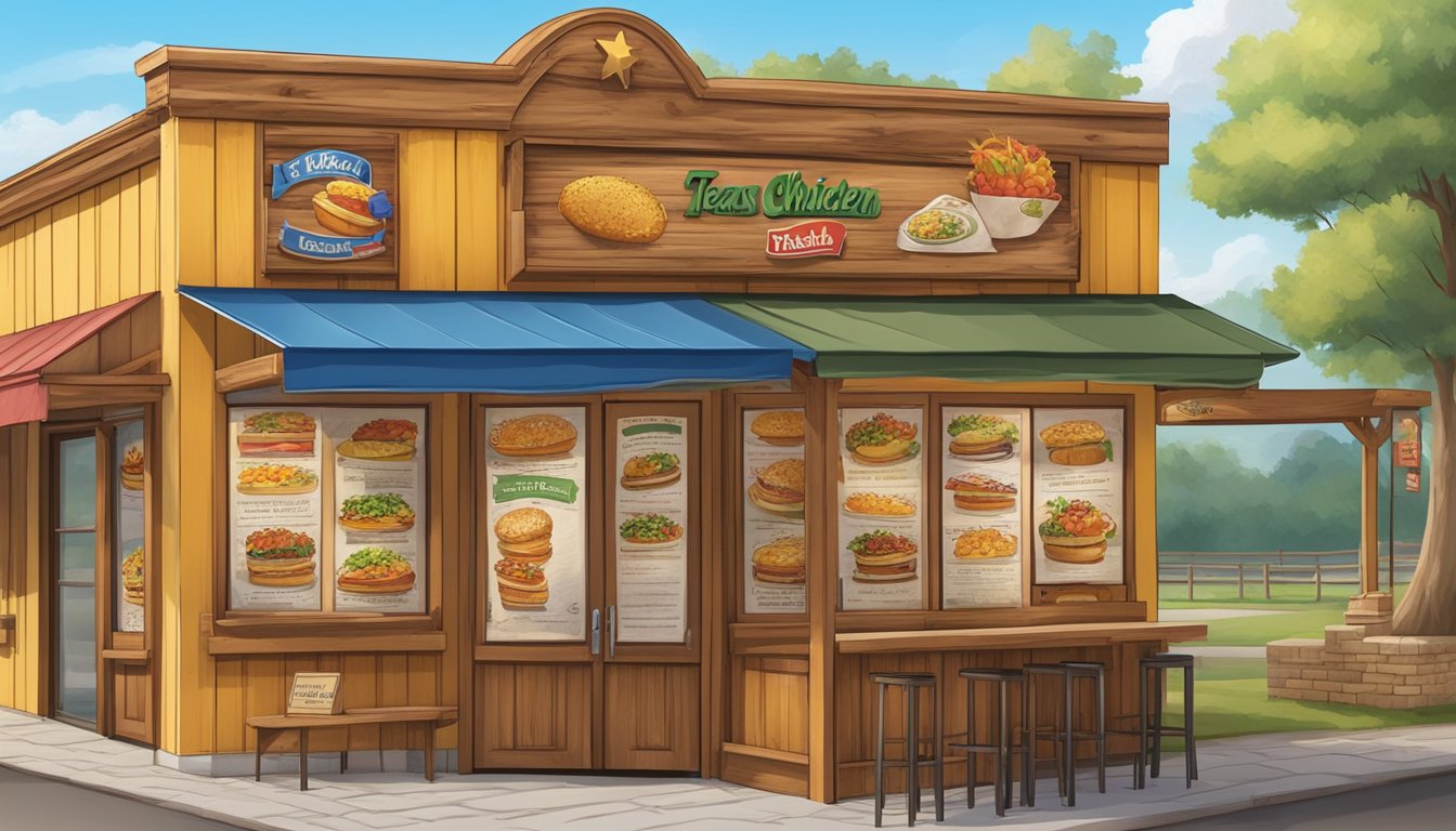 A rustic wooden menu board stands outside a Texas chicken restaurant, surrounded by colorful specialty items and the church in the background