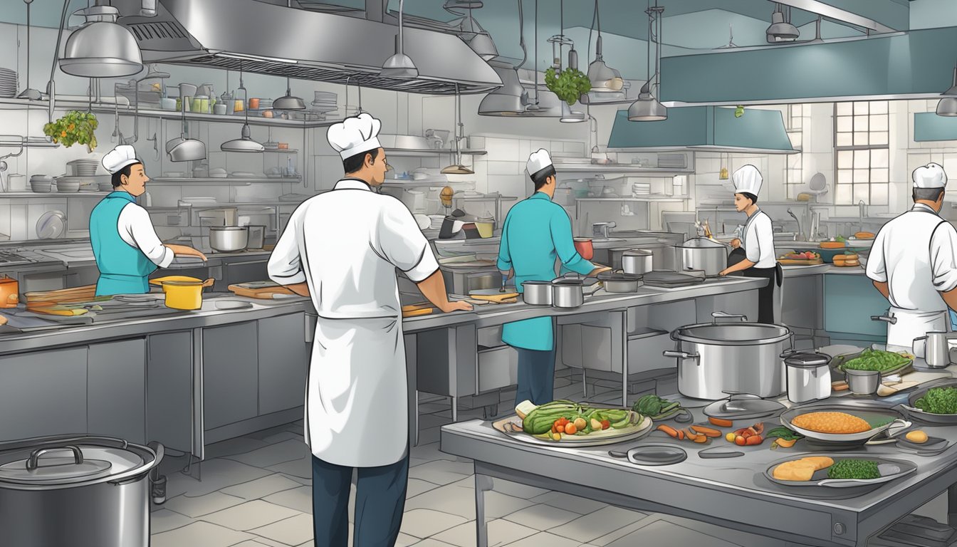 A bustling kitchen with chefs preparing and cooking food, while others clean and sanitize surfaces, all following strict health and safety standards