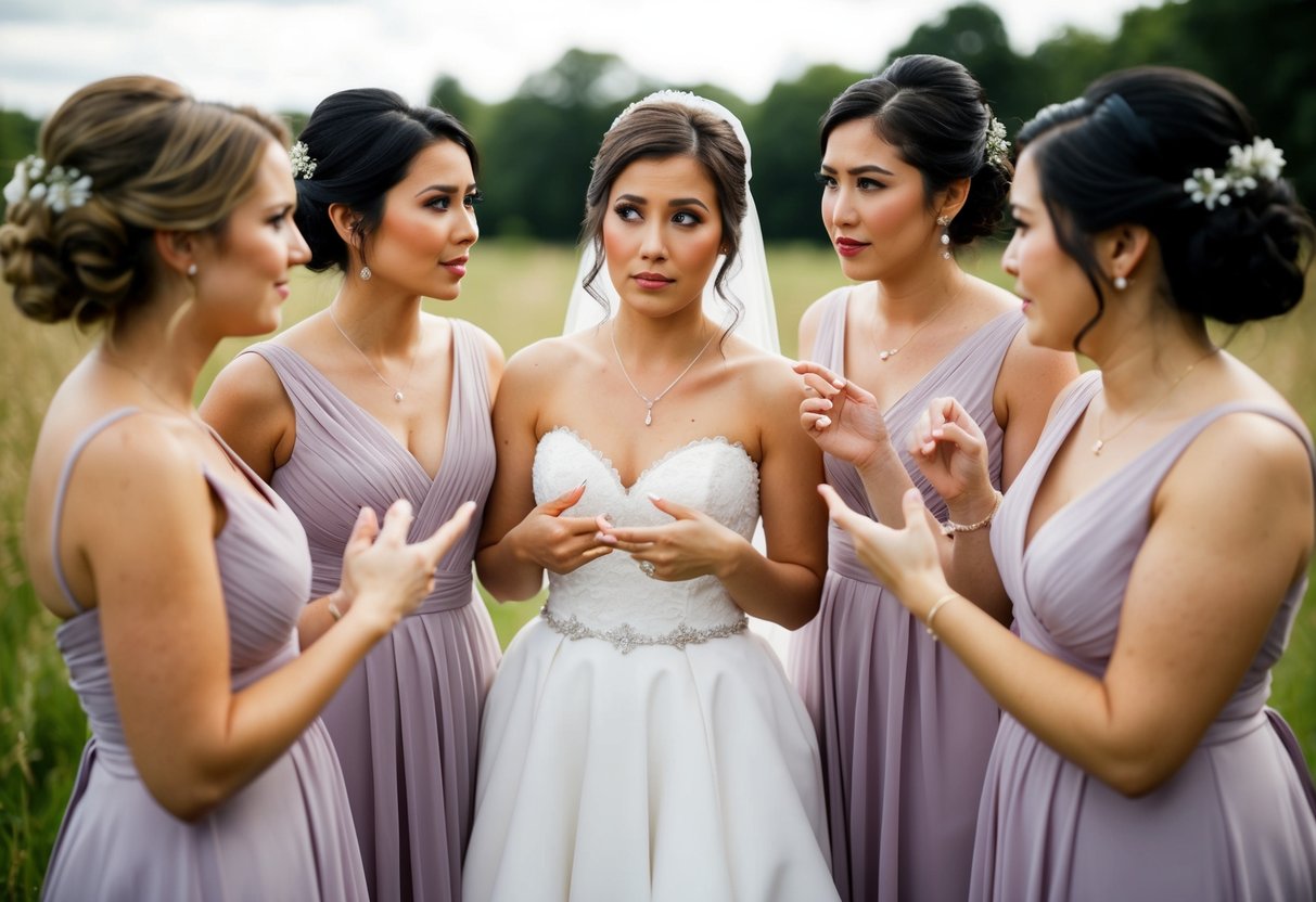 A bride surrounded by a small group of bridesmaids, looking uncertain while gesturing to indicate a desire for more