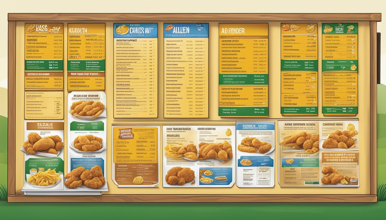 A menu board displaying nutritional and allergen information for Church's Texas Chicken in Lawton