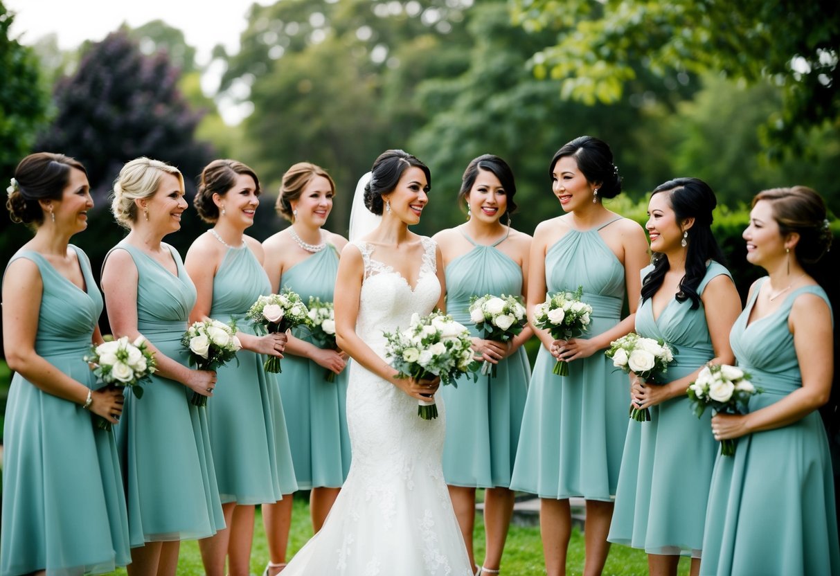 A bride stands surrounded by a small group of bridesmaids, all wearing matching dresses, as they gather for a wedding ceremony