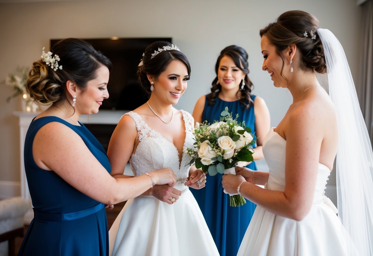 A maid of honor assists the bride with her dress, holds her bouquet, and helps with any last-minute preparations