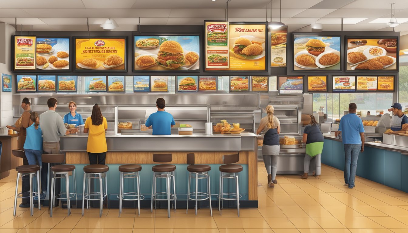 A busy restaurant with a prominent menu board displaying promotions and discounts for Church's Texas Chicken in Lawton. Customers are lined up at the counter