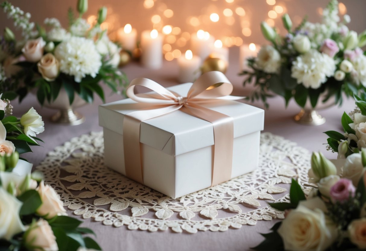 A beautifully wrapped gift box surrounded by elegant wedding decorations and floral arrangements