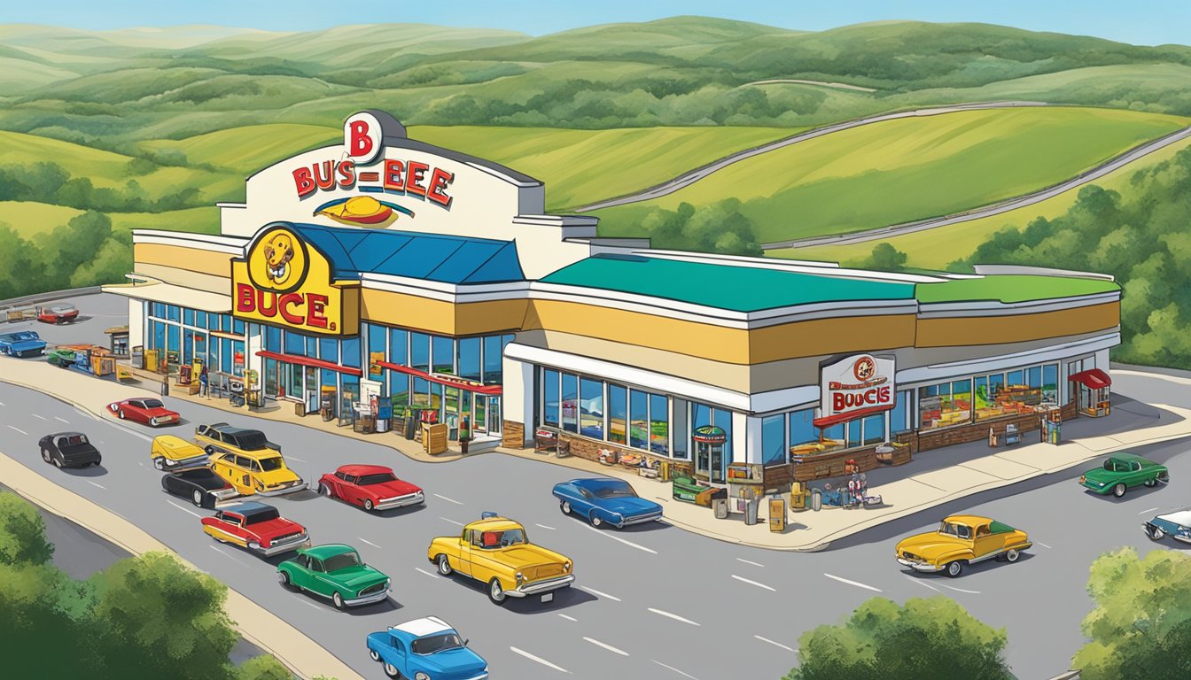 A bustling highway with a large, iconic buc-ee's store nestled among rolling green hills and a blue sky in the background