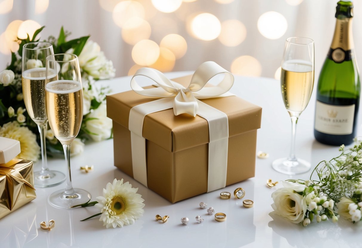 A beautifully wrapped gift box with a ribbon and bow, surrounded by various wedding-themed items such as champagne glasses, flowers, and a wedding cake