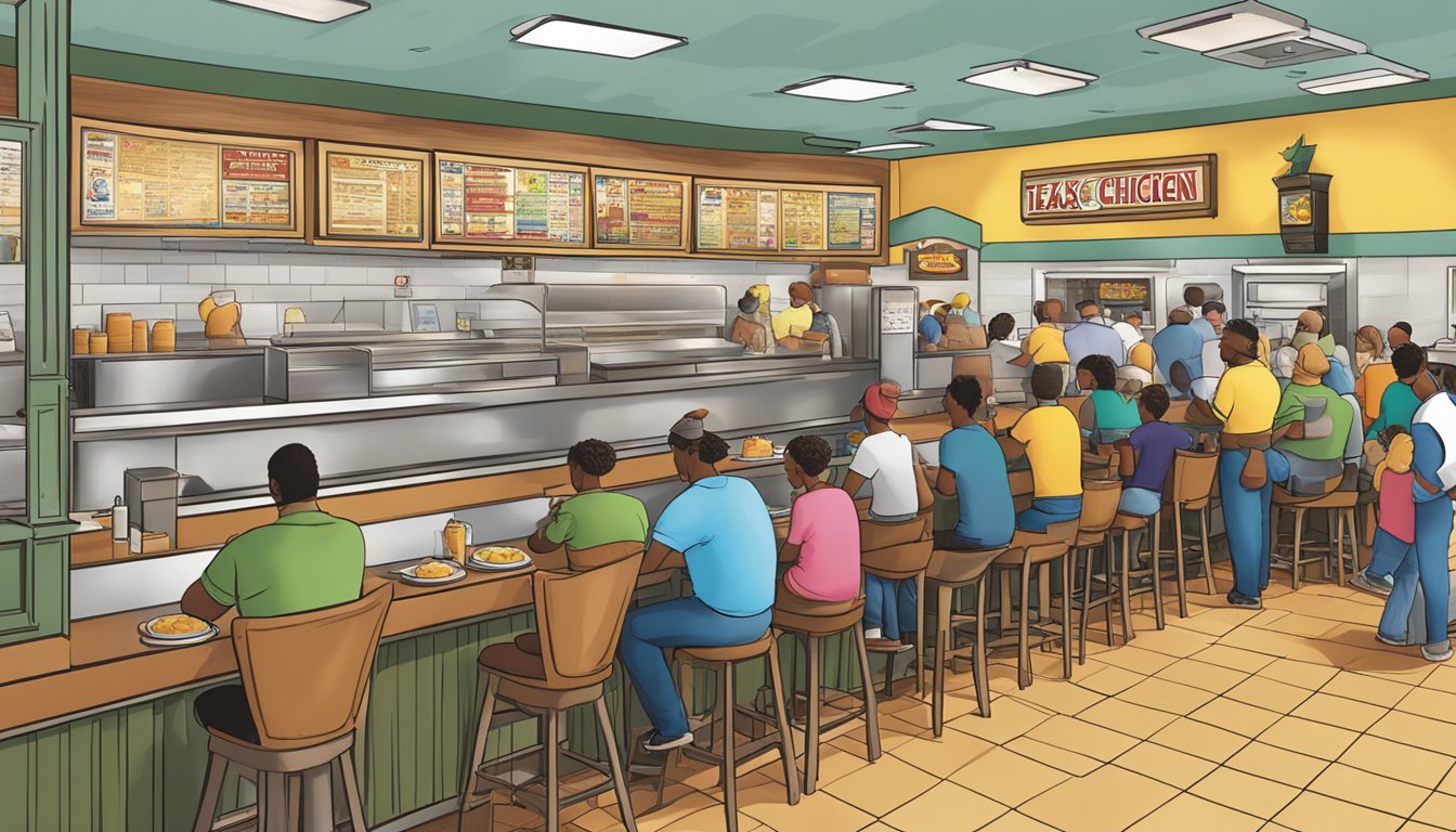 A bustling Texas Chicken restaurant in Wilmington, with a prominent Church's logo and a menu displayed on the wall. Customers line up at the counter to place their orders