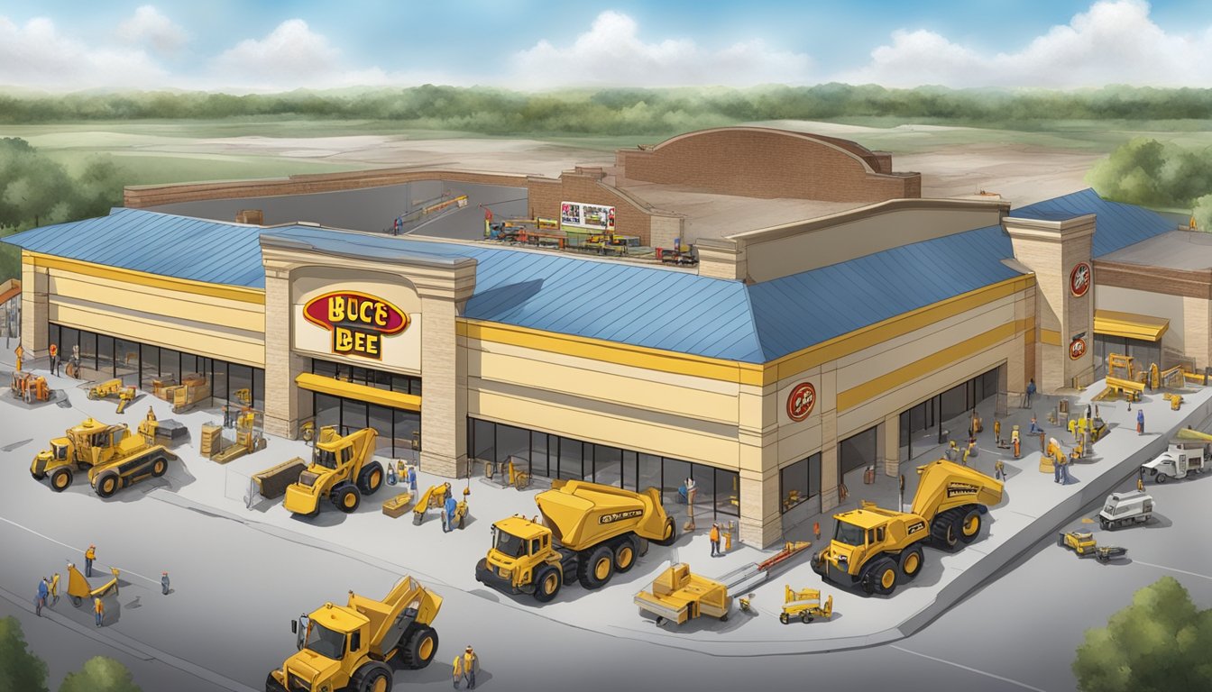 A bustling construction site with heavy machinery and workers building the iconic Buc-ee's store in Ohio