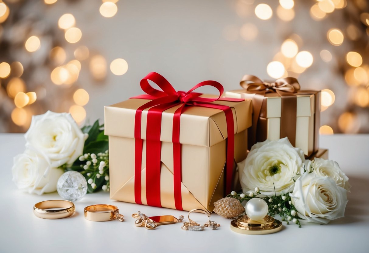 A beautifully wrapped gift box surrounded by elegant wedding registry items