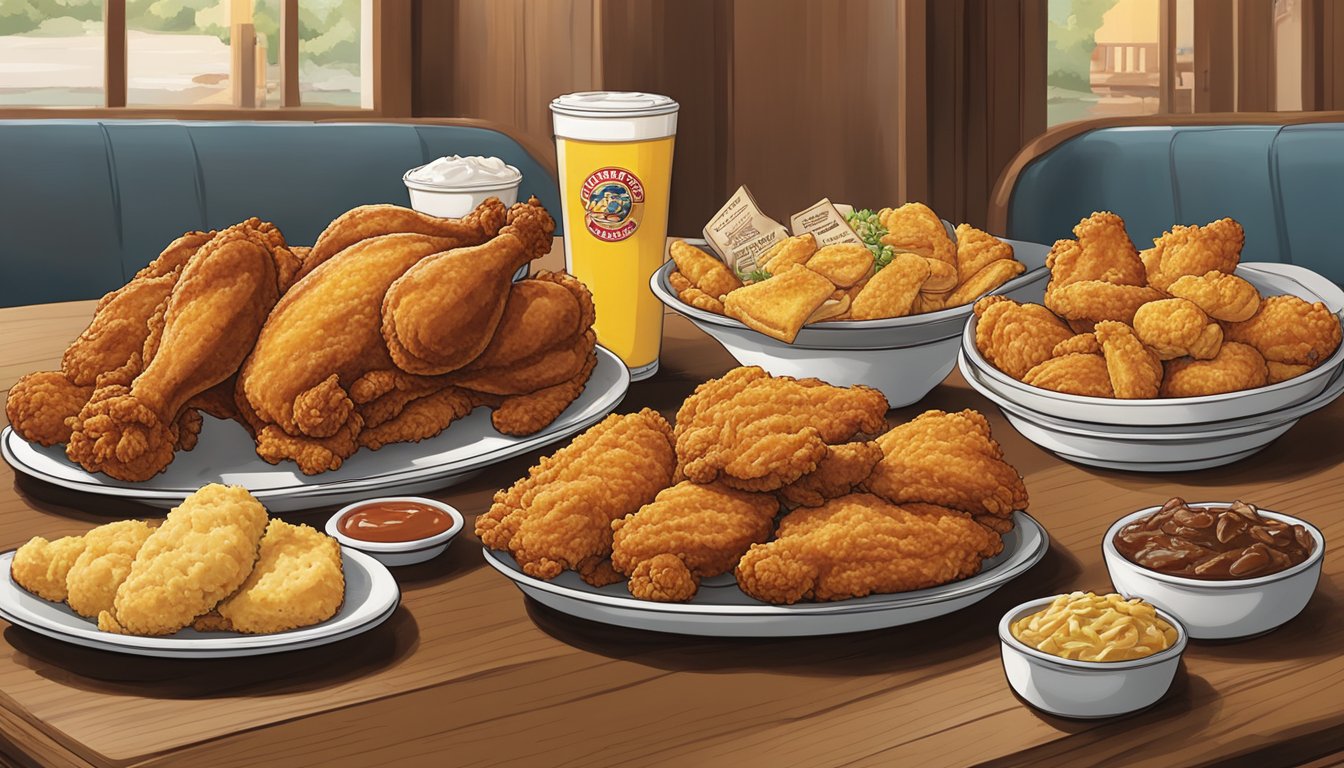 A table with a variety of fried chicken, biscuits, and sides displayed on platters with the Church's Texas Chicken menu in the background