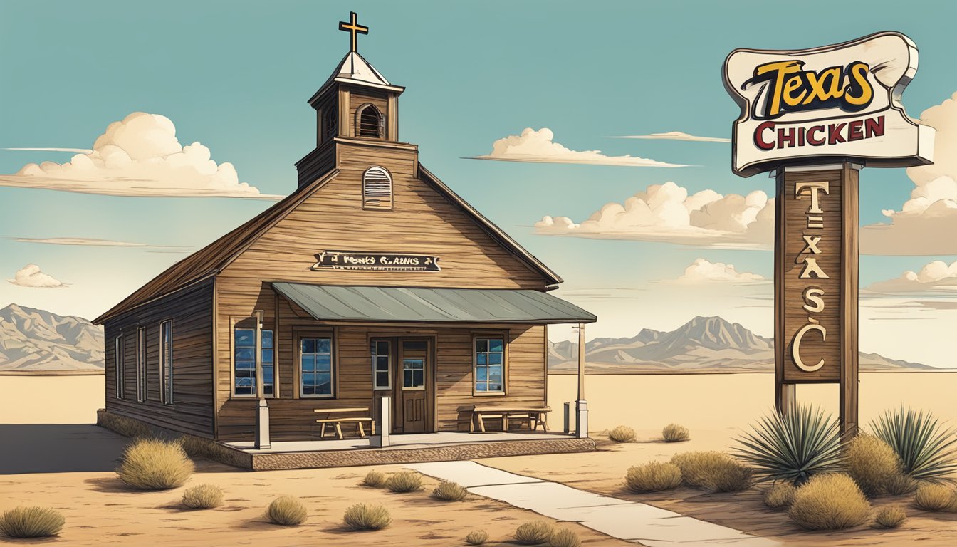 A rustic Texas church with a prominent Church's Texas Chicken sign, surrounded by desert landscape