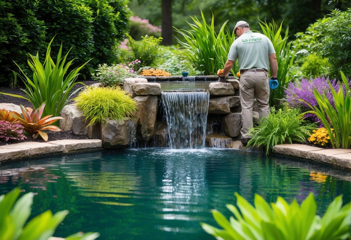 A tranquil pond with a cascading waterfall, surrounded by lush greenery and colorful aquatic plants. A professional installing a custom water feature for Aqua Pond Ltd