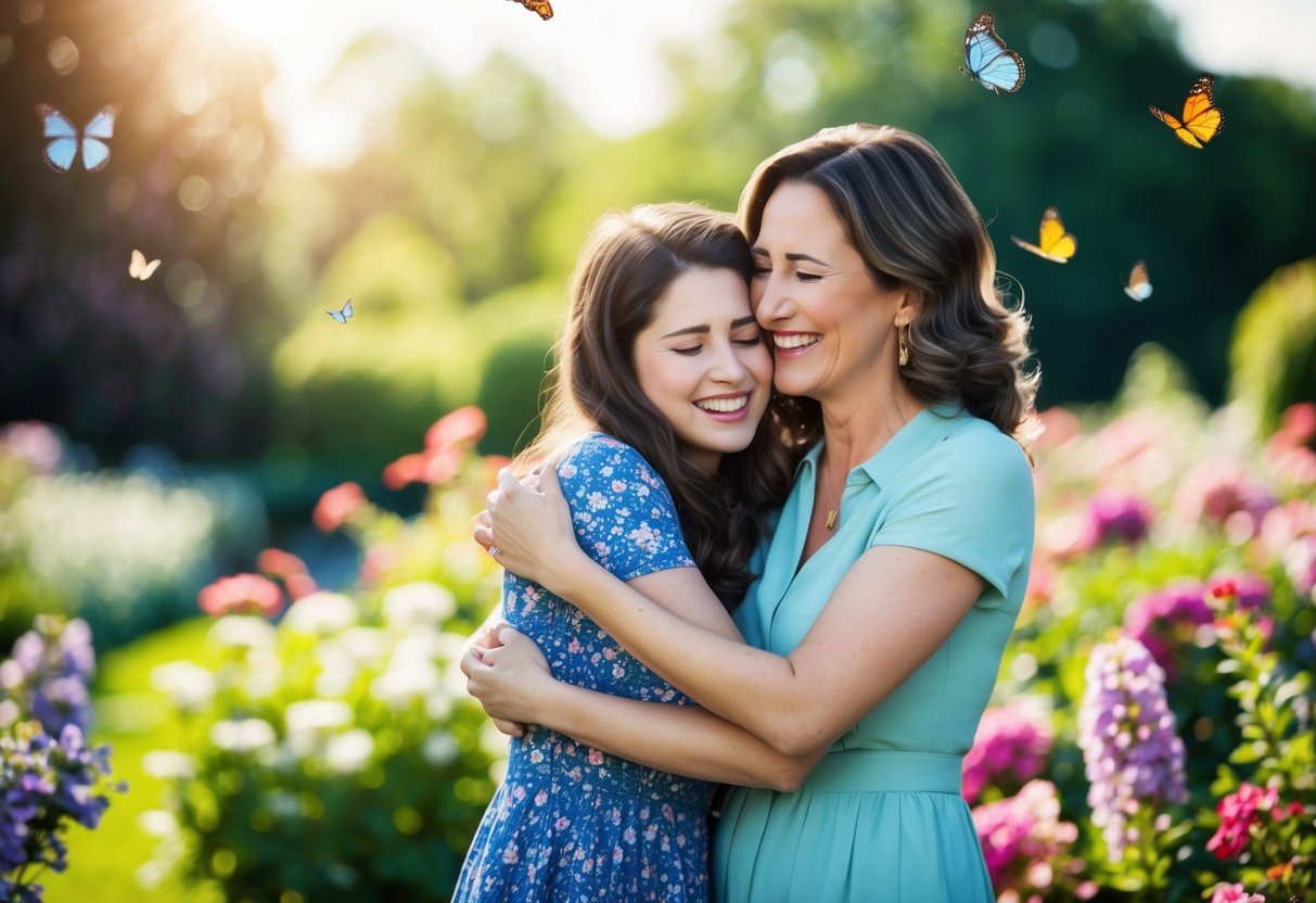 A mother embraces her daughter, smiling through tears, as they stand in a sunlit garden filled with blooming flowers and fluttering butterflies