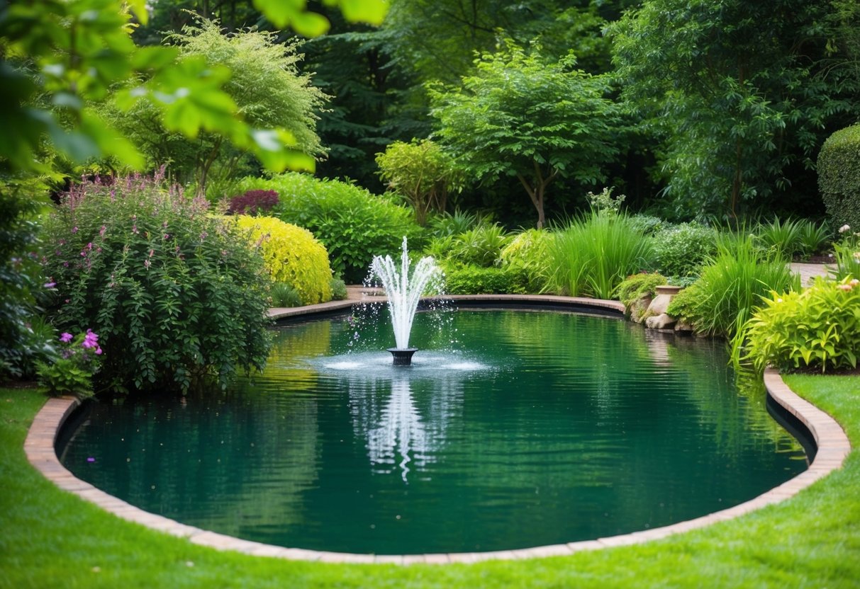 A tranquil pond surrounded by lush greenery, with a beautiful water feature installed by Aqua Pond Ltd