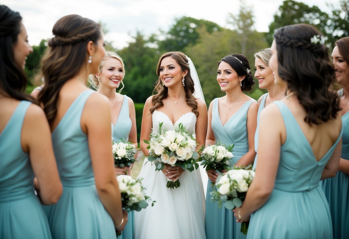 A bride surrounded by her bridesmaids, each holding a bouquet, standing in a line, smiling and looking towards the bride