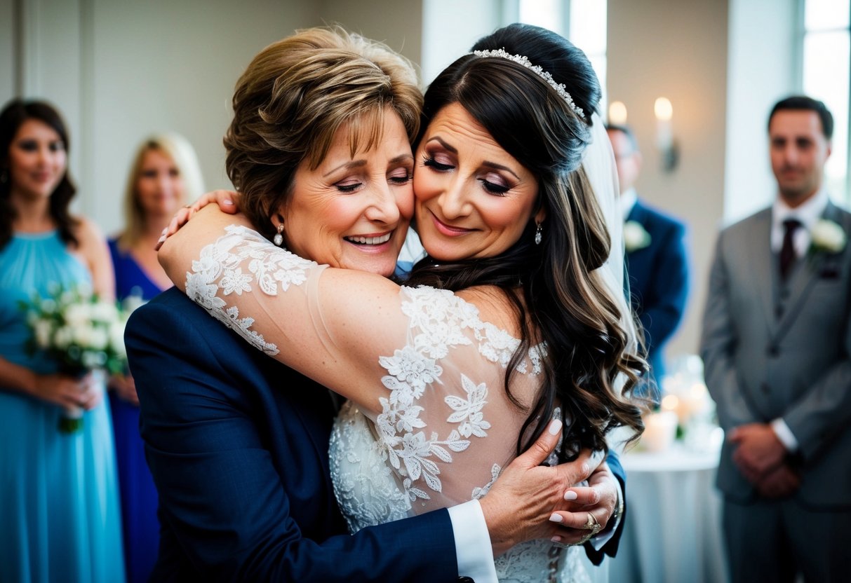 A mother embraces her daughter, offering words of wisdom and support on her wedding day. Tears of joy fill the room as they share a tender moment