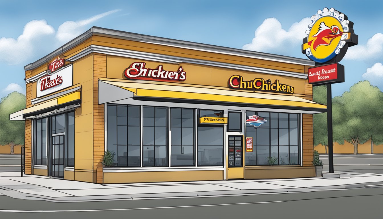 A storefront of Church's Texas Chicken with a sign displaying the store location and hours