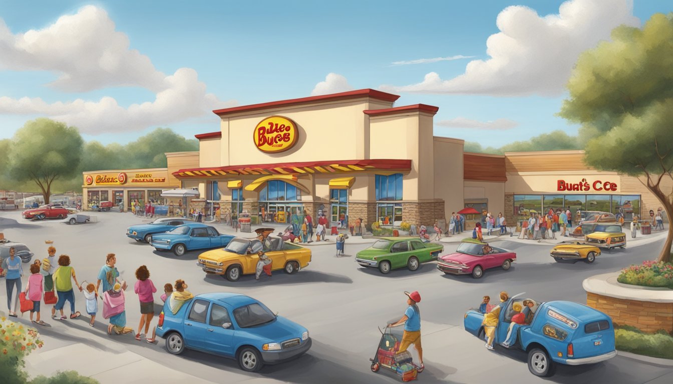 The bustling parking lot of Buc-ee's Ohio, with a mix of excited travelers and local controversy swirling around the beloved convenience store