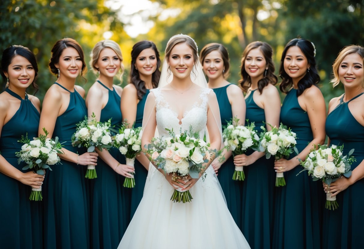 A bride stands in the center, surrounded by a group of women, each holding a bouquet of flowers