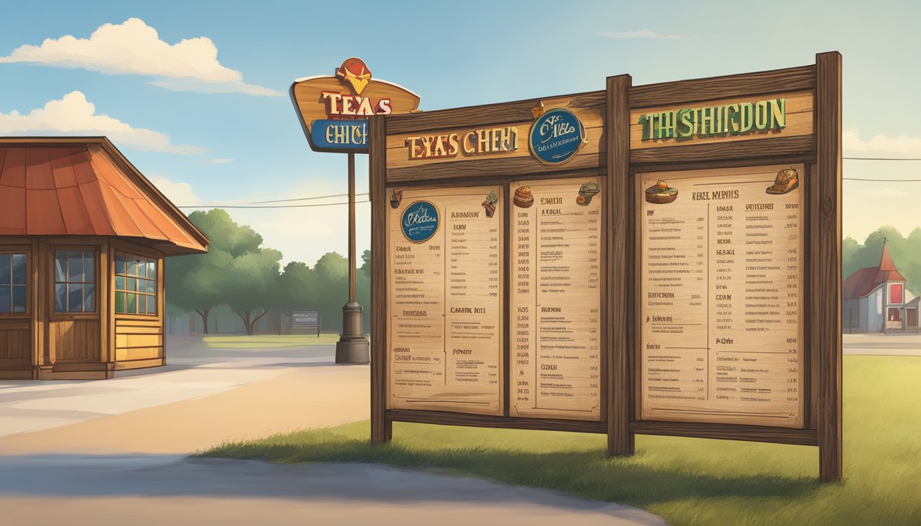 A rustic wooden menu board stands outside a Texas chicken restaurant, with the church in the background