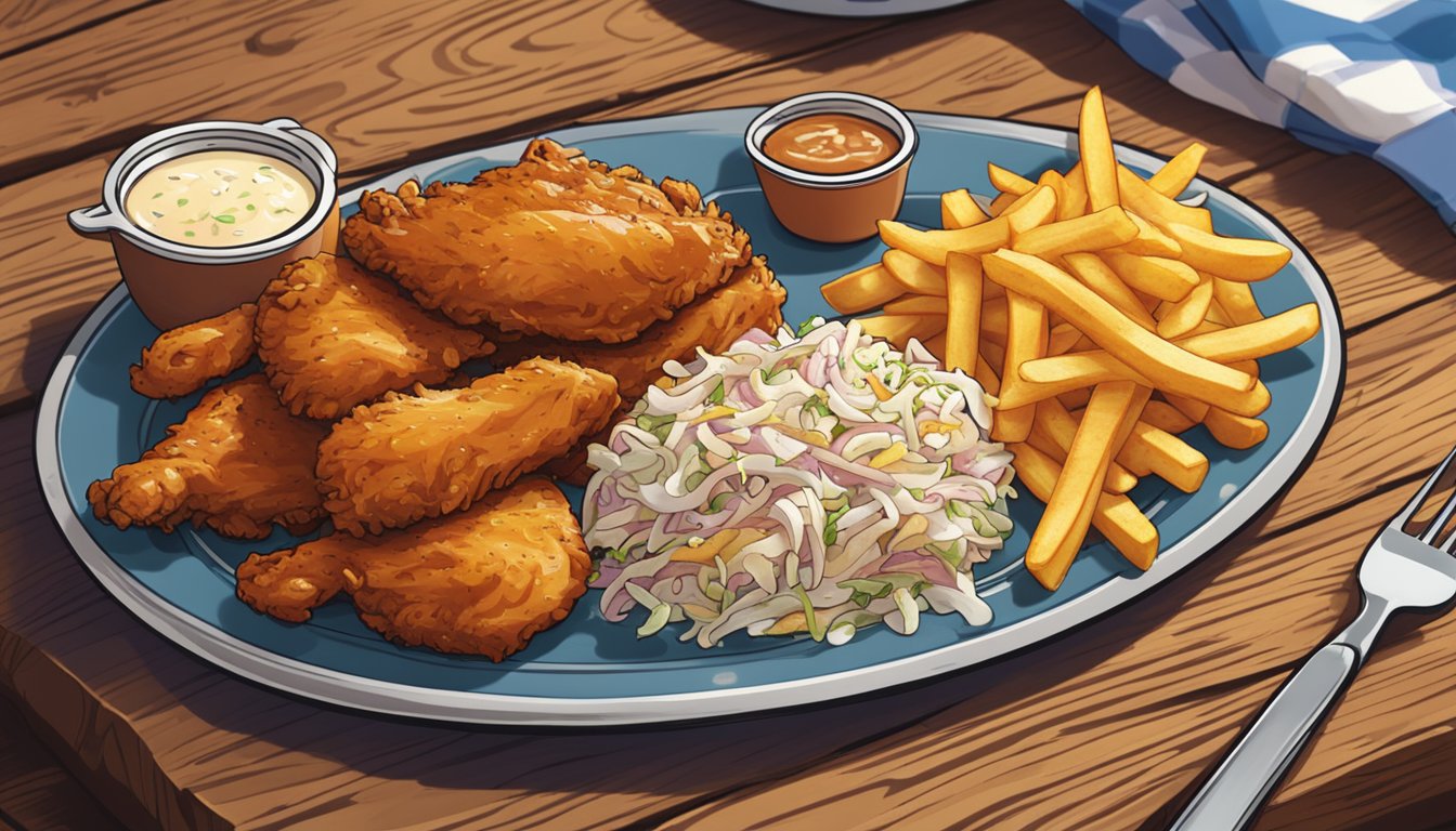 A plate of sizzling Texas chicken with a side of golden fries and a dollop of tangy coleslaw, all arranged on a rustic wooden table