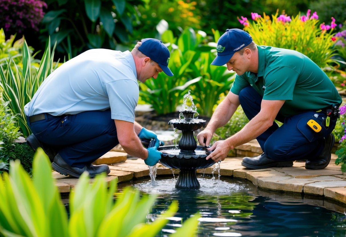 Aqua Pond Ltd technicians installing a water feature in a lush garden setting, surrounded by flowing water and vibrant aquatic plants