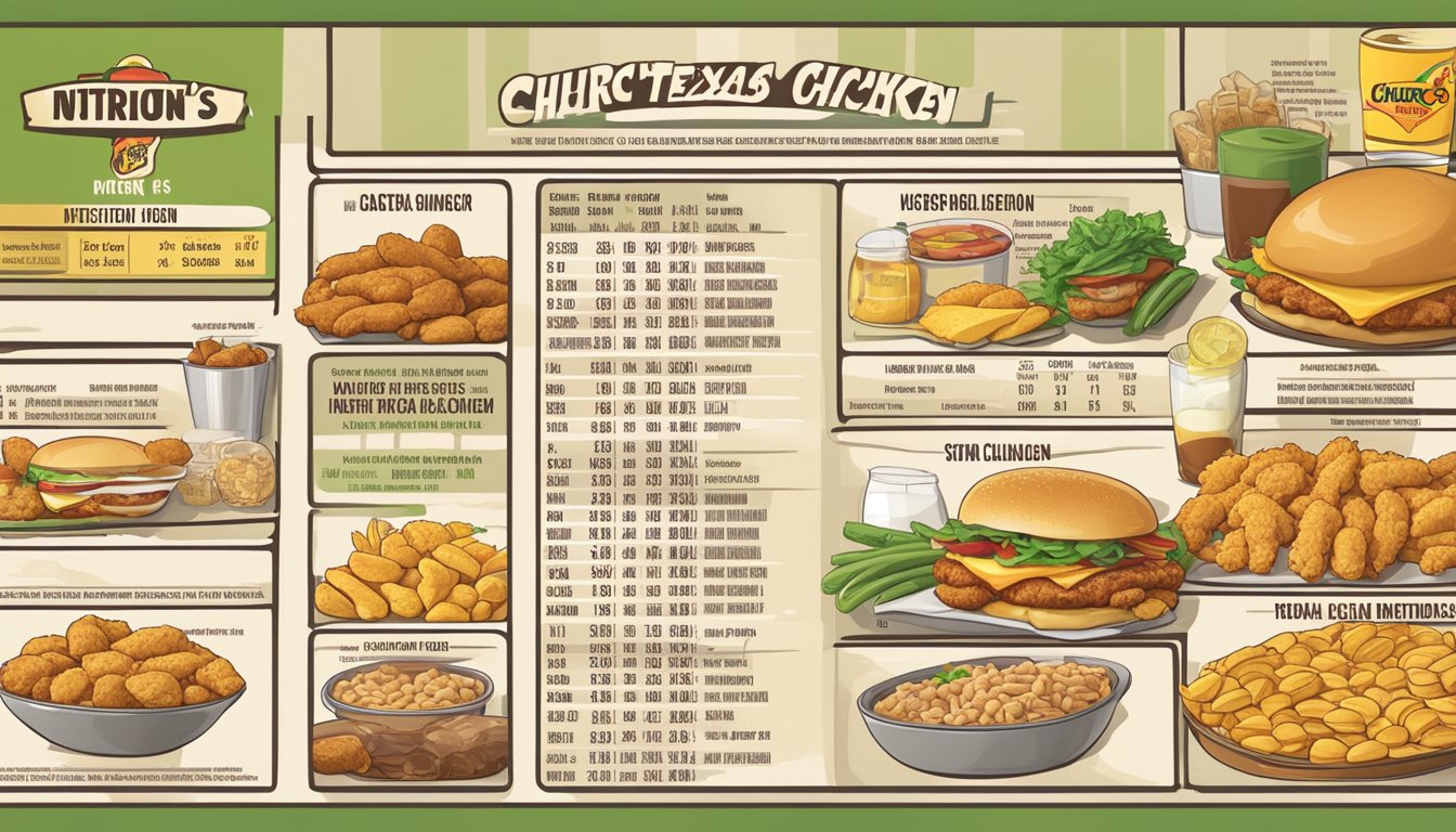 A table displaying the nutritional information for Church's Texas Chicken menu items, with various food items and their corresponding calorie and nutrient content