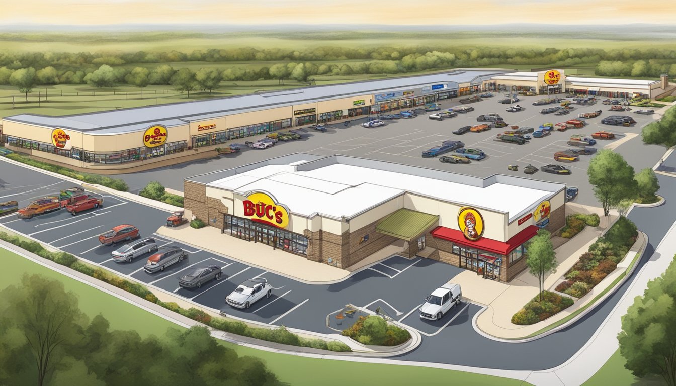 A bustling buc-ee's store in Ohio, surrounded by a sprawling parking lot and gas pumps, with a large sign displaying the projected impact and future plans