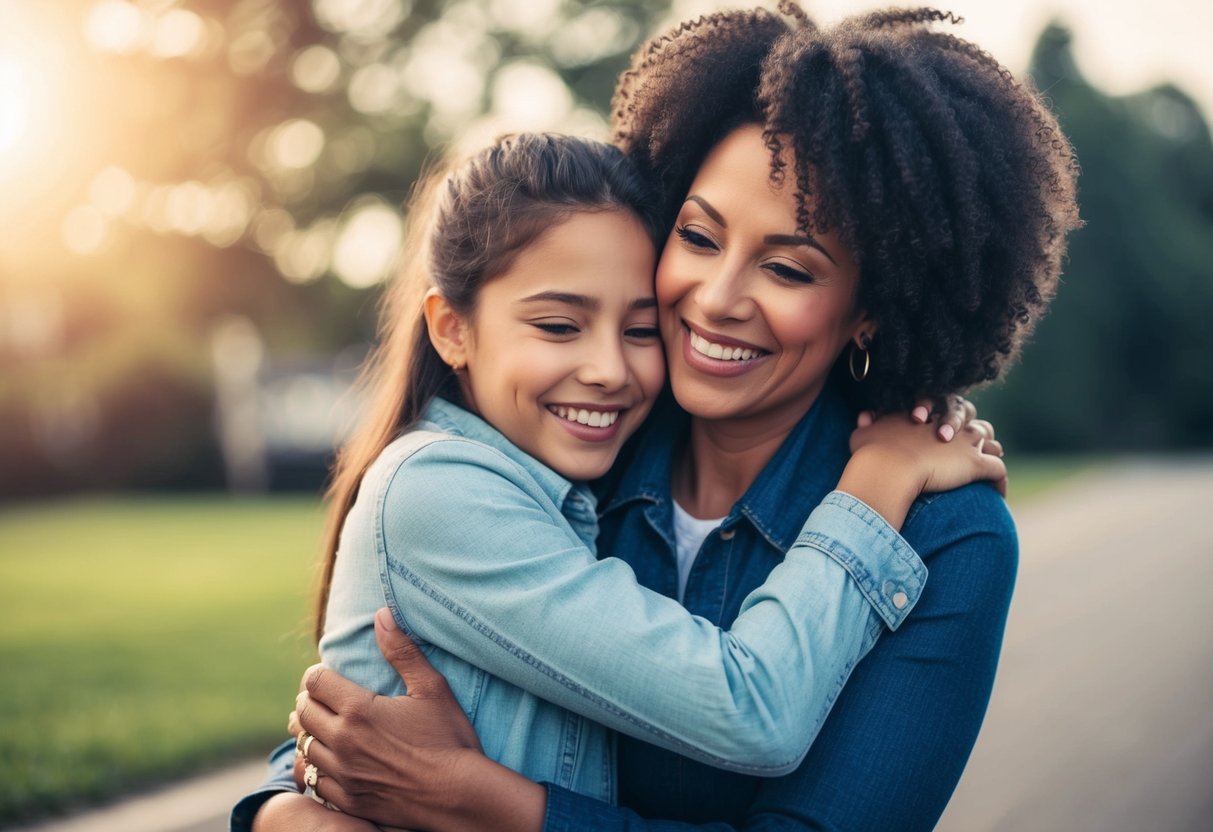 A mother embraces her daughter, smiling and offering words of encouragement and love as they both look towards a bright and hopeful future