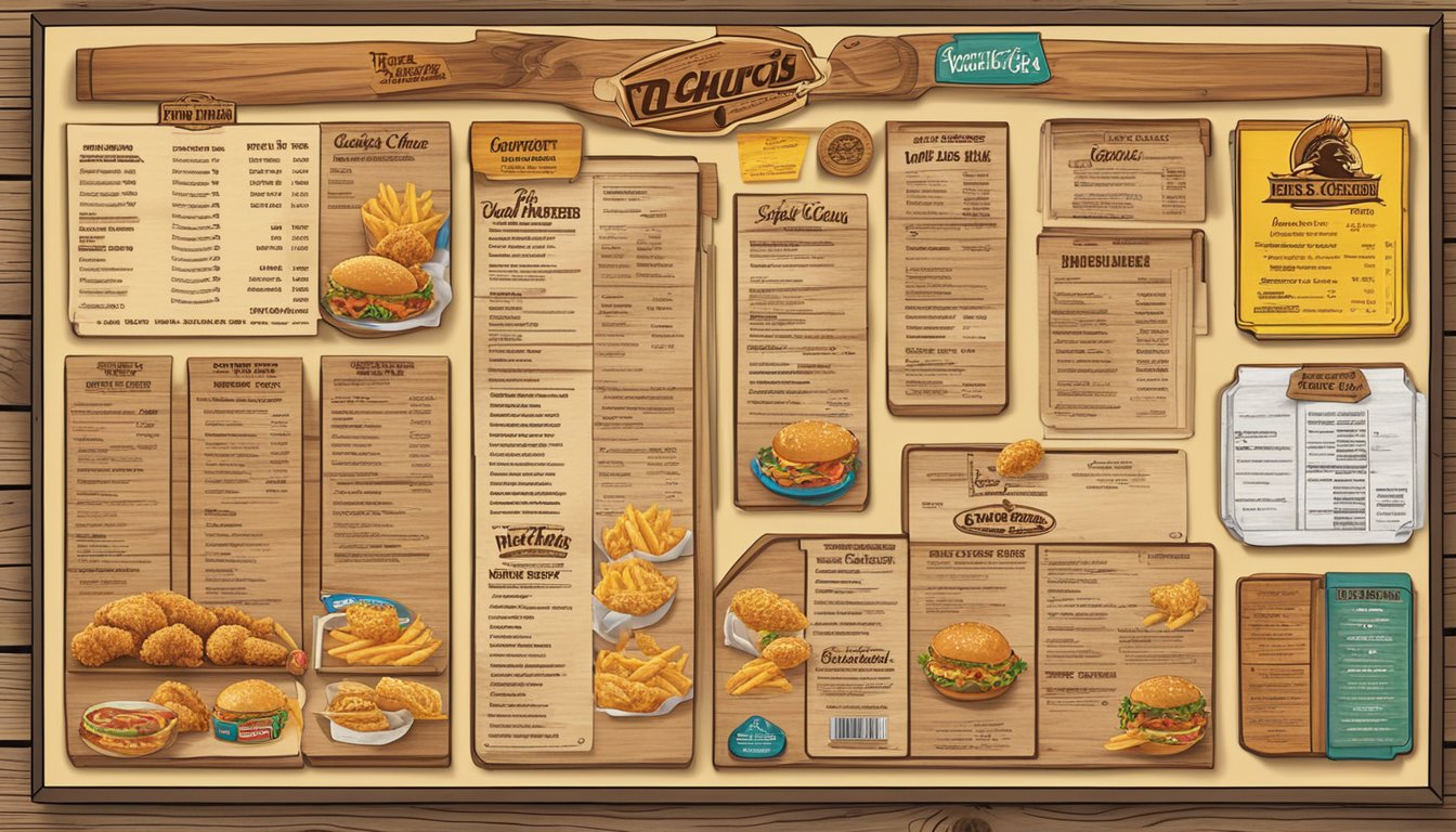 A rustic wooden menu board showcasing specialty items from Church's Texas Chicken in Yuma