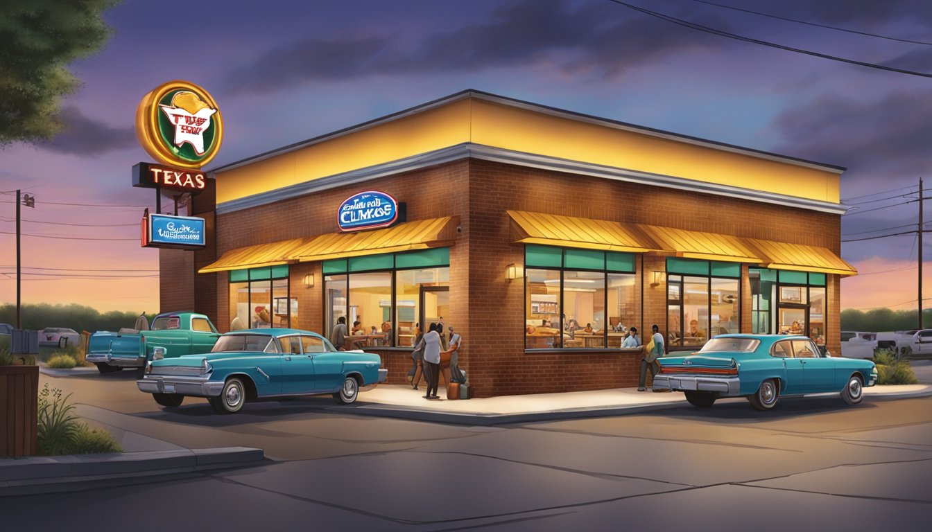 The Texas Chicken restaurant in Wilmington, bustling with customers during its operating hours, with the aroma of fried chicken filling the air