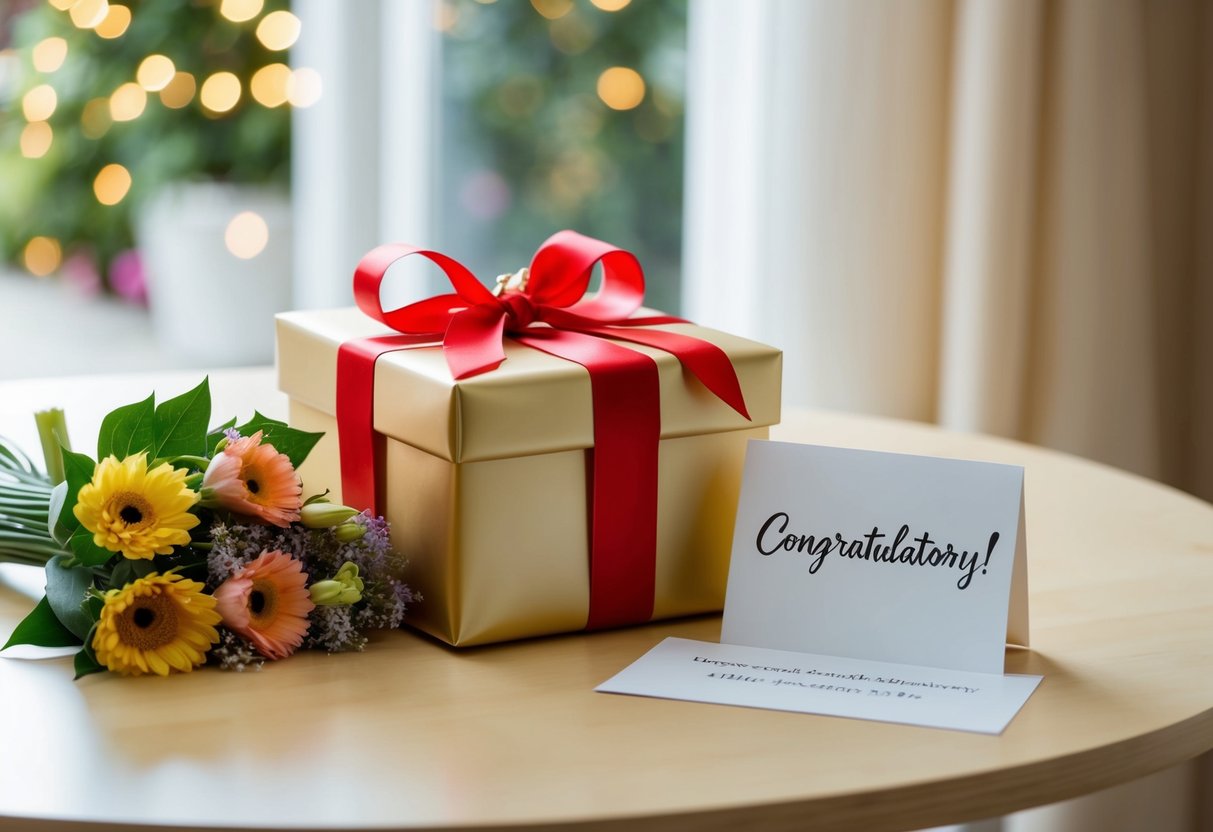 A beautifully wrapped gift box with a ribbon and a card placed on a table next to a bouquet of flowers and a congratulatory note