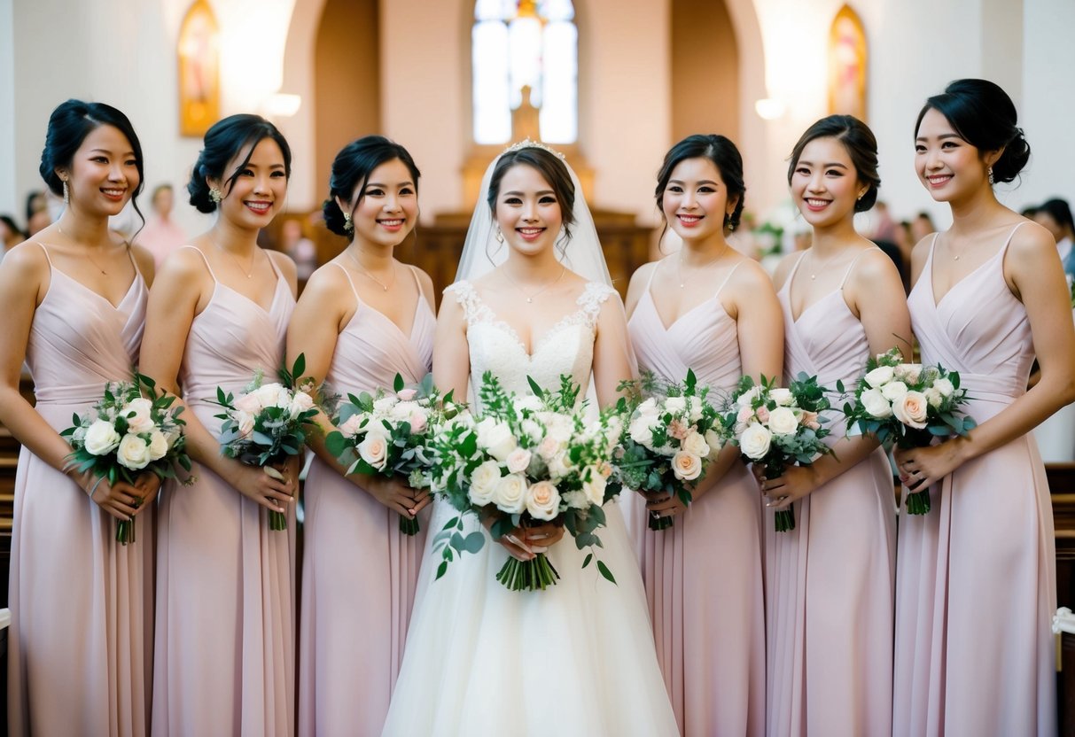 A bride standing in the center with her bridesmaids in a row on either side, all holding bouquets, in a church or outdoor setting
