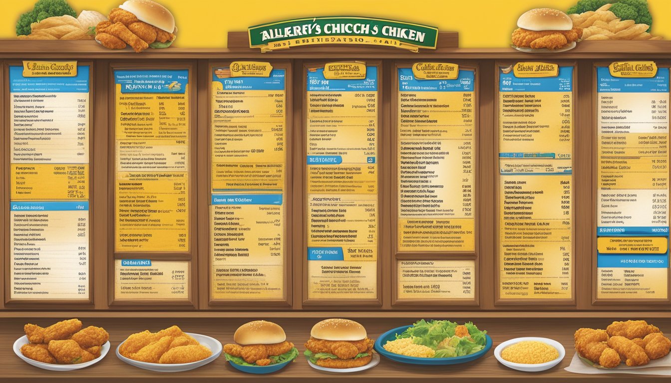 A menu board displaying nutritional and allergy information for Church's Texas Chicken Yuma