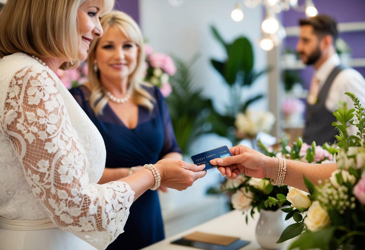 A mother of the bride hands over a credit card to pay for wedding expenses at a florist shop