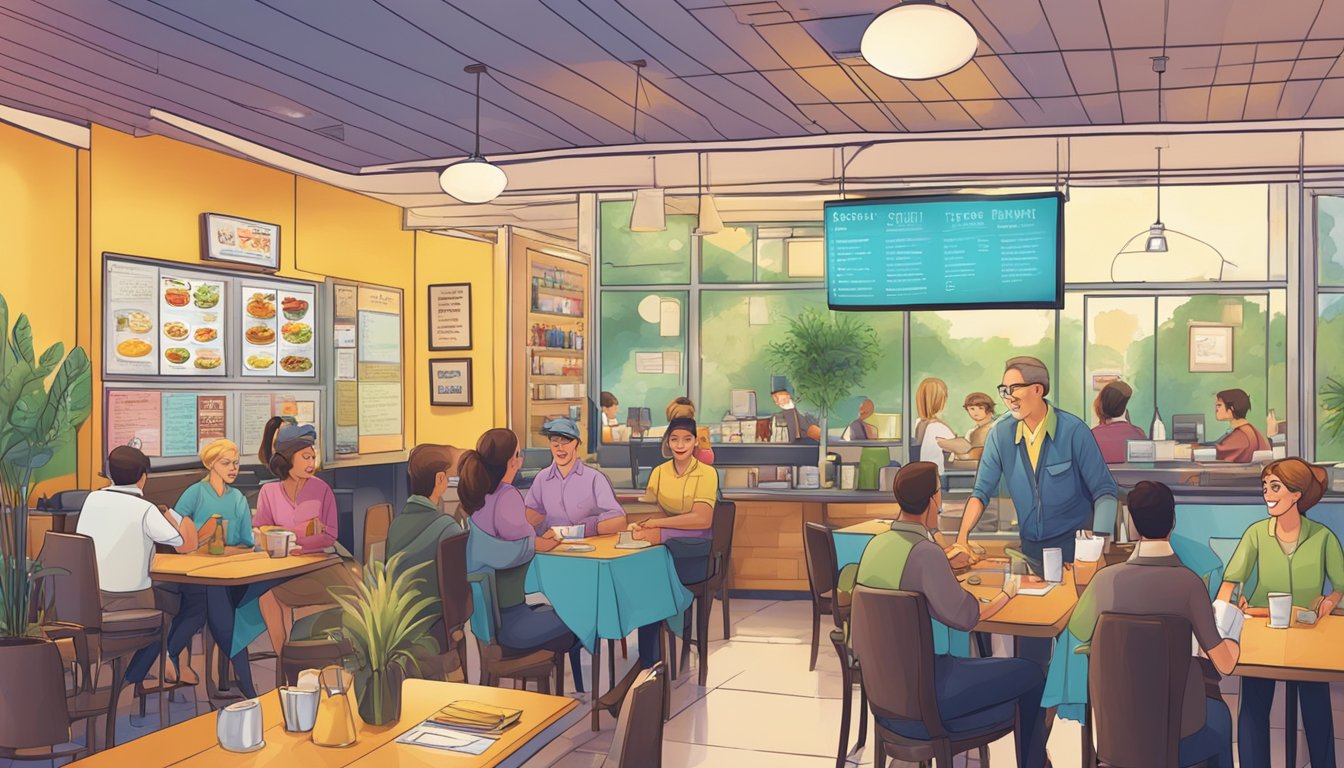 A bustling restaurant with a colorful menu board and a friendly customer service representative assisting patrons