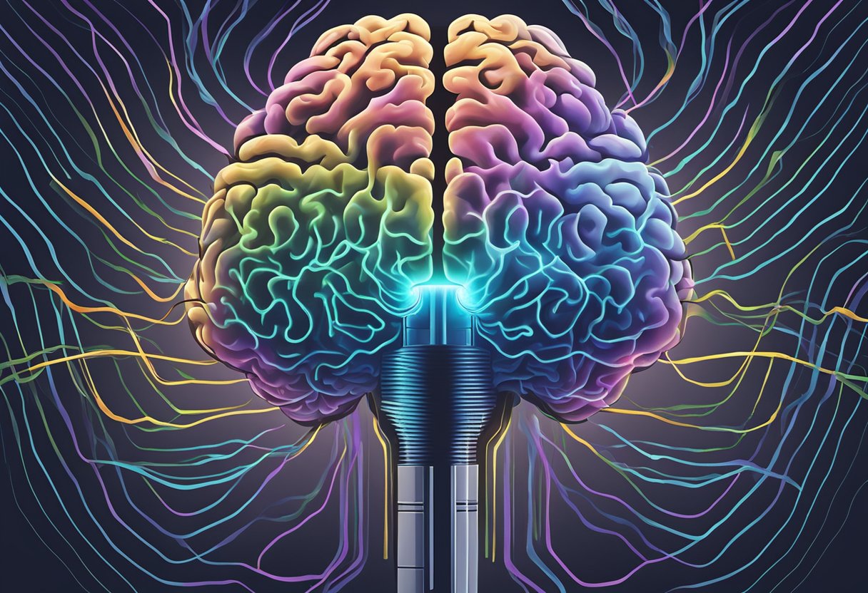 A brain surrounded by electric waves, with a keyhole at its center, symbolizing unlocking hidden potential